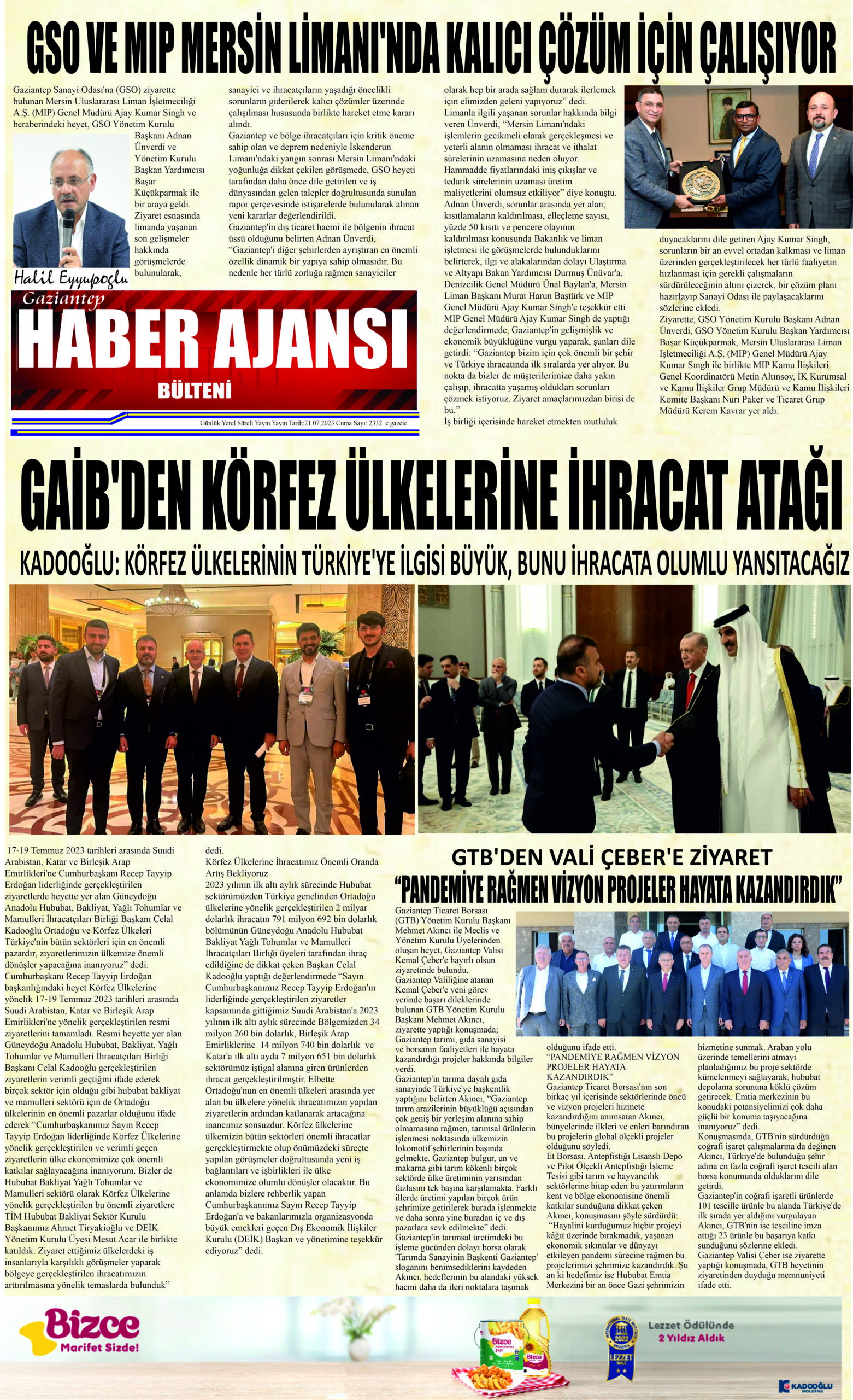 Gaziantep Haber Ajansı Bülteni Cuma 21.07.2023 e gazete