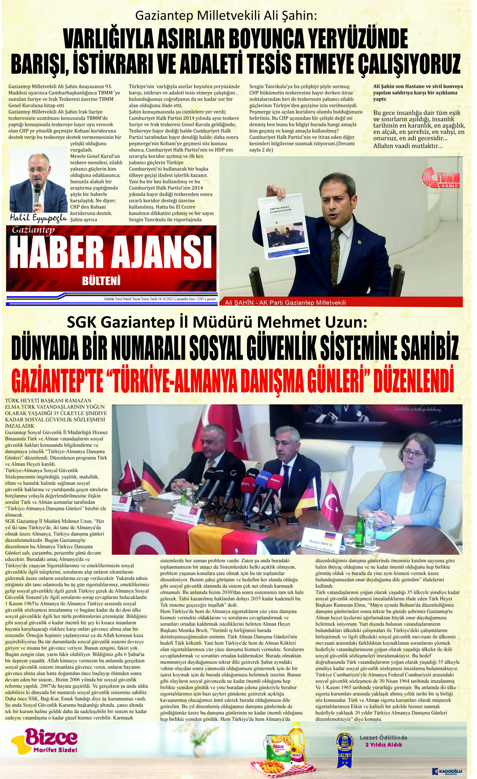 Gaziantep Haber Ajansı Bülteni Çarşamba 18.10.2023 e gazete