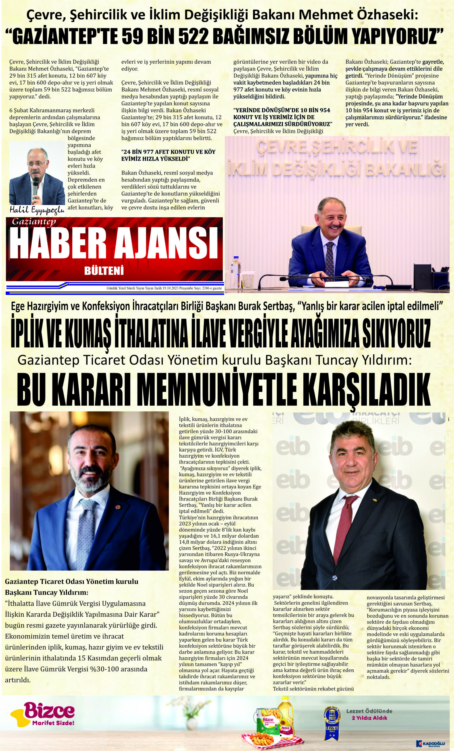 Gaziantep Haber Ajansı Bülteni Perşembe 19.10.2023 e gazete