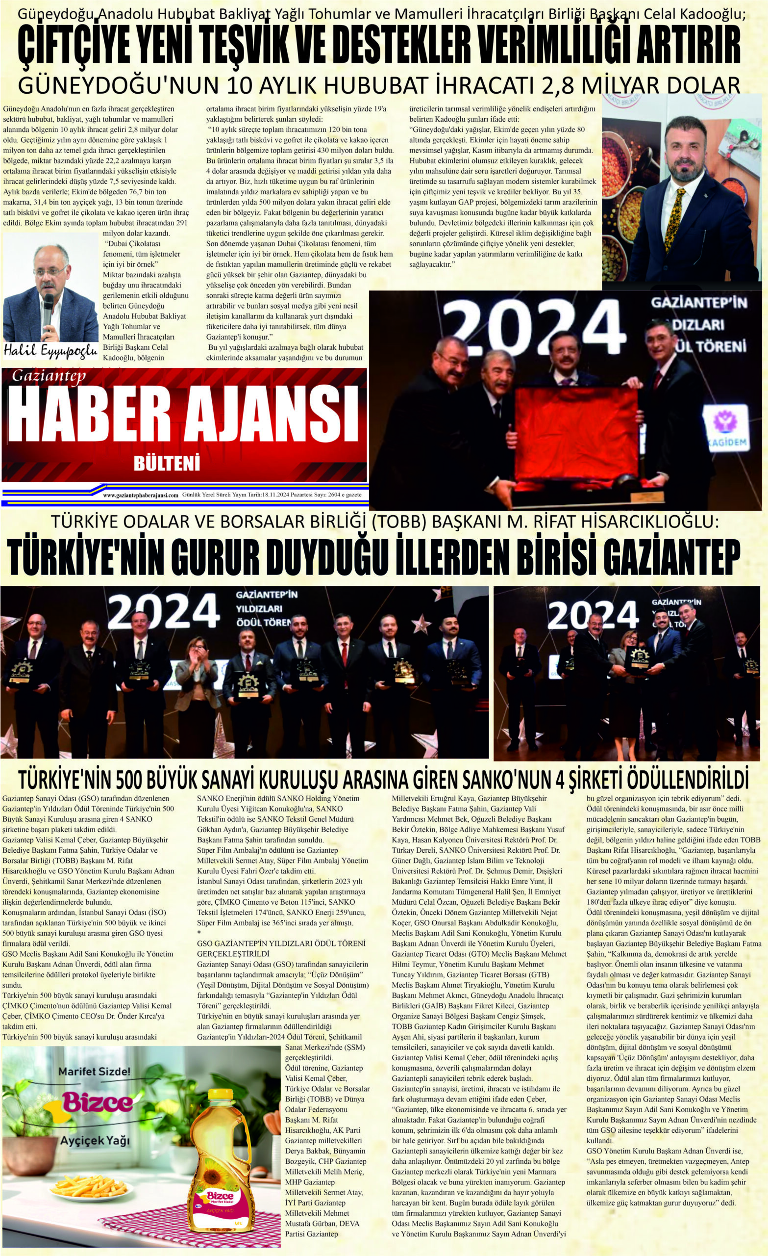 Gaziantep Haber Ajansı Bülteni Pazartesi 18.11.2024 e gazete