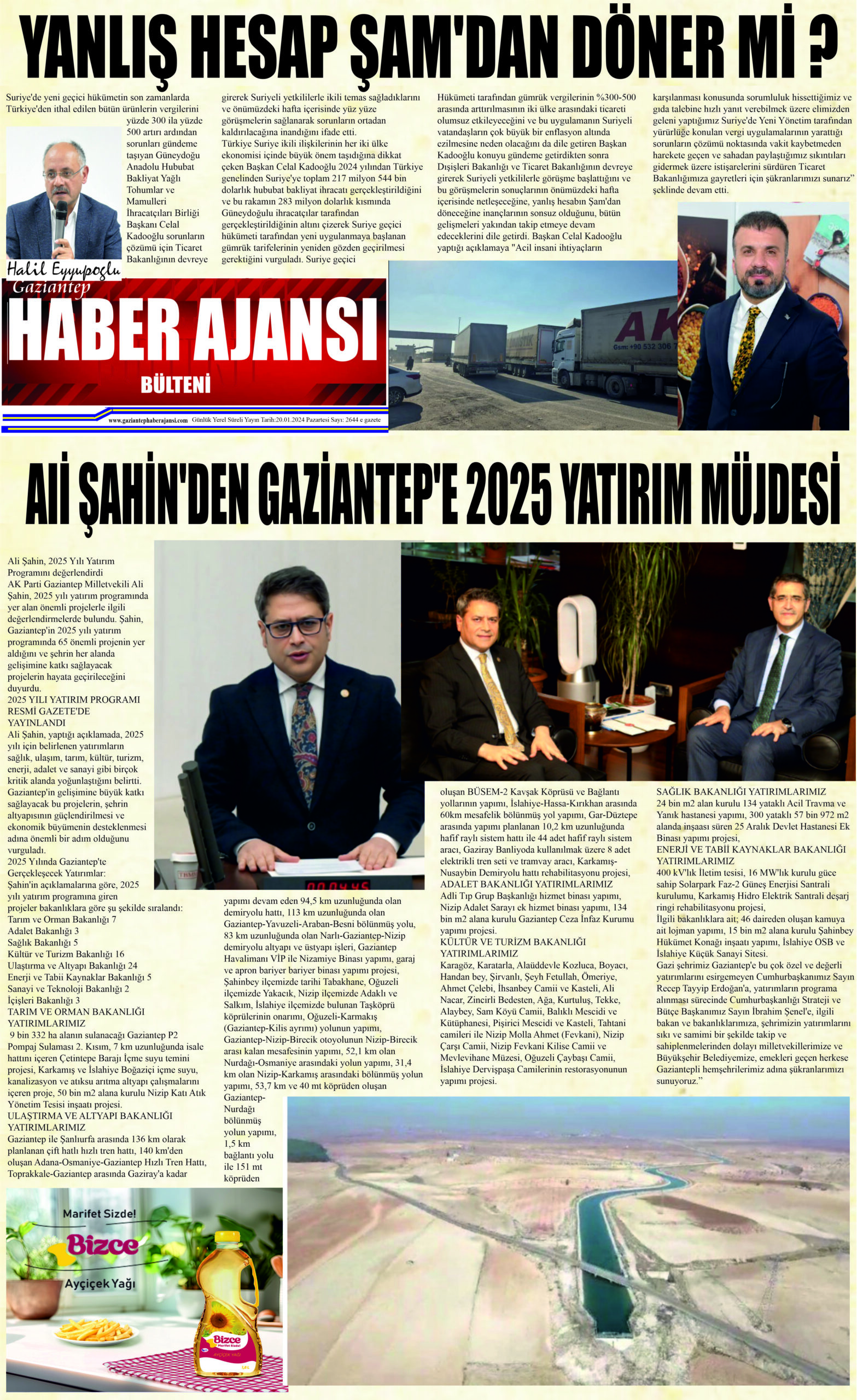 Gaziantep Haber Ajansı Bülteni Pazartesi 20.01.2024 e gazete